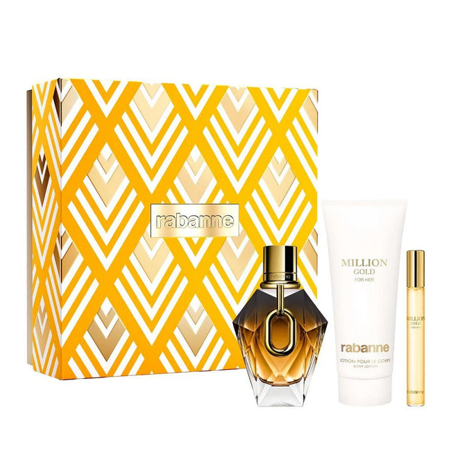 Paco Rabanne Million Gold For Her zestaw perfumy spray 90ml + balsam do ciała 100ml + perfumy spray 10ml