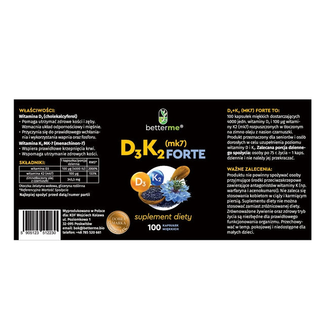 BetterMe D3 K2 MK7 Forte suplement diety 100 kapsułek miękkich