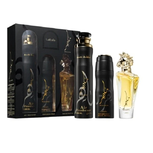 Lattafa Maahir zestaw woda perfumowana spray 100ml + dezodorant spray 200ml + odświeżacz powietrza 300ml