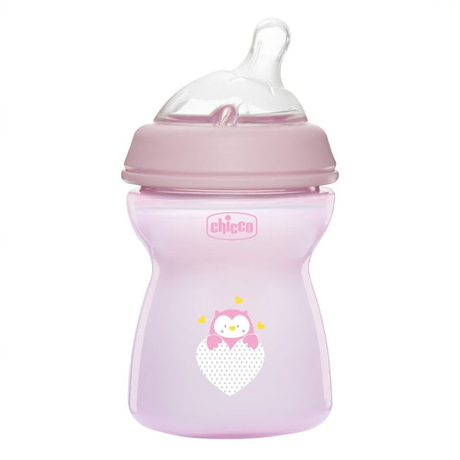 Chicco NaturalFeeling butelka plastikowa ze smoczkiem silikonowym przepływ średni 2m+ Różowa 250ml