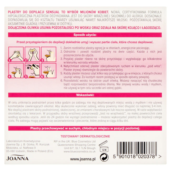 Joanna Sensual hipoalergiczne plastry do depilacji twarzy 12szt + tubka z oliwką łagodzącą 10ml