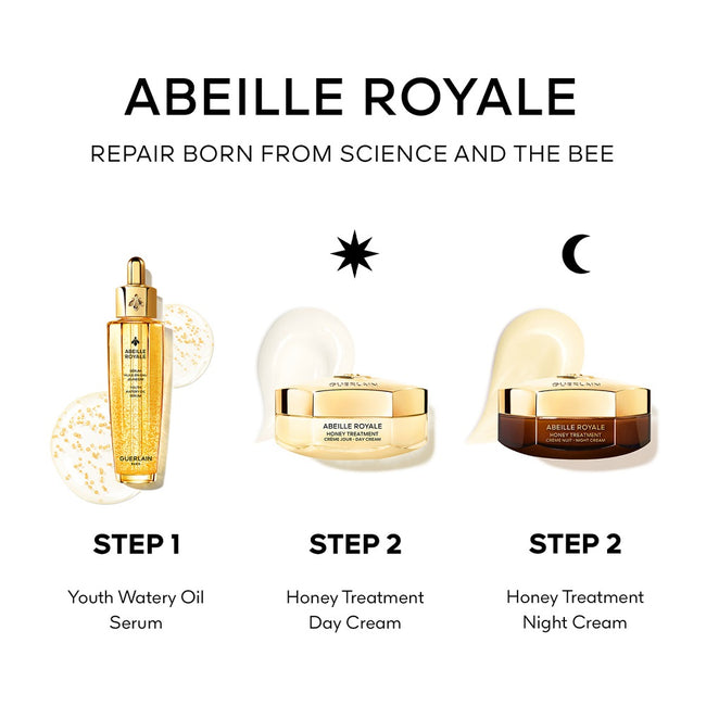 Guerlain Abeille Royale Youth Watery Oil Serum zestaw serum do twarzy 50ml + krem na dzień 15ml + krem na noc 15ml + kosmetyczka