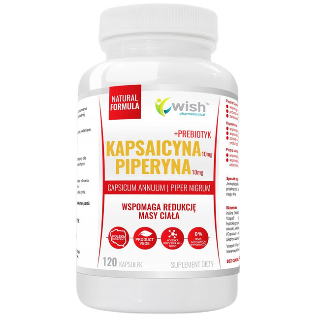 WISH Pharmaceutical Kapsaicyna 10mg + Piperyna 10mg + Prebiotyk suplement diety 120 kapsułek