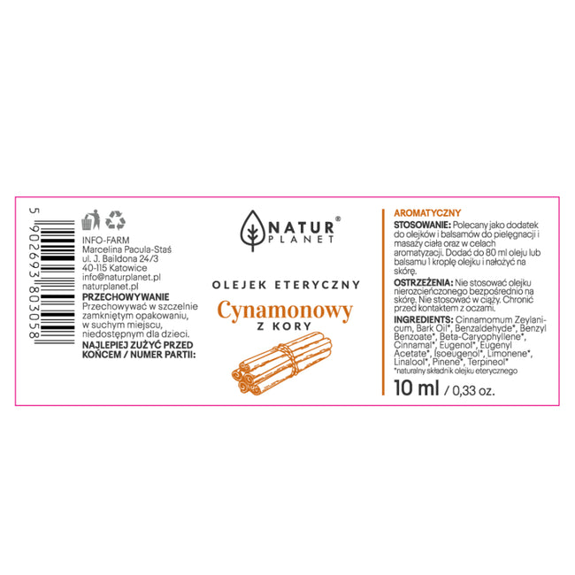 Natur Planet Olejek eteryczny cynamonowy z kory 10ml