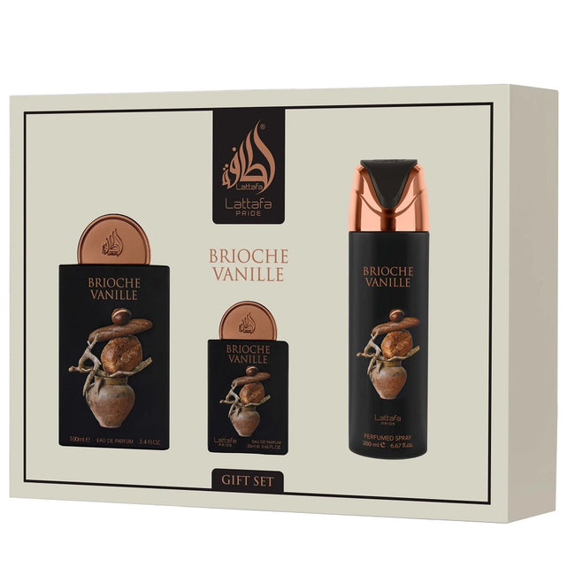 Lattafa Brioche Vanille zestaw woda perfumowana spray 100ml + woda perfumowana spray 20ml + dezodorant spray 200ml