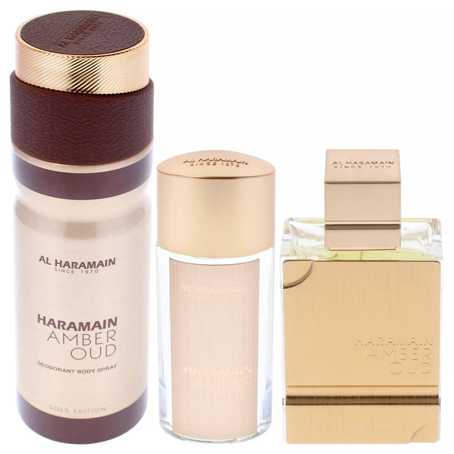 Al Haramain Amber Oud Gold Edition zestaw woda perfumowana spray 75ml + woda perfumowana spray 30ml + dezodorant spray 200ml