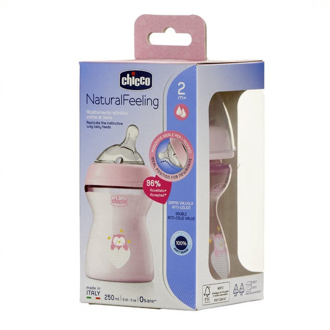 Chicco NaturalFeeling butelka plastikowa ze smoczkiem silikonowym przepływ średni 2m+ Różowa 250ml