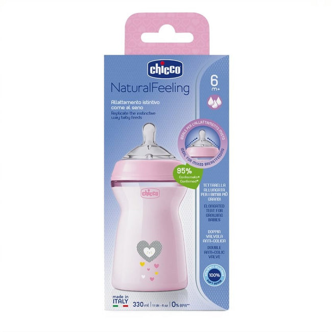 Chicco NaturalFeeling butelka plastikowa ze smoczkiem silikonowym przepływ szybki 6m+ Różowa 330ml