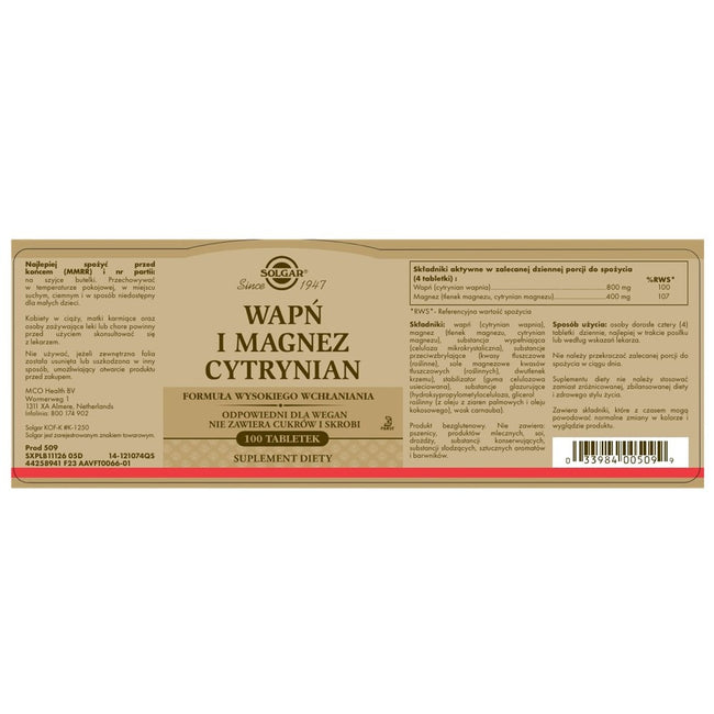 Solgar Wapń i Magnez Cytrynian suplement diety 100 tabletek
