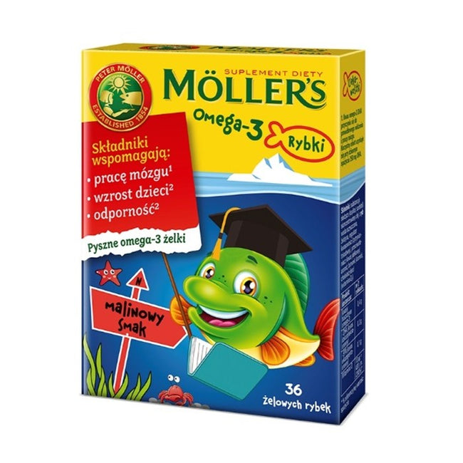 Möller's Omega-3 Rybki żelki z kwasami omega-3 i witaminą D3 dla dzieci Malinowe 36szt.