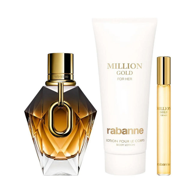 Paco Rabanne Million Gold For Her zestaw perfumy spray 90ml + balsam do ciała 100ml + perfumy spray 10ml