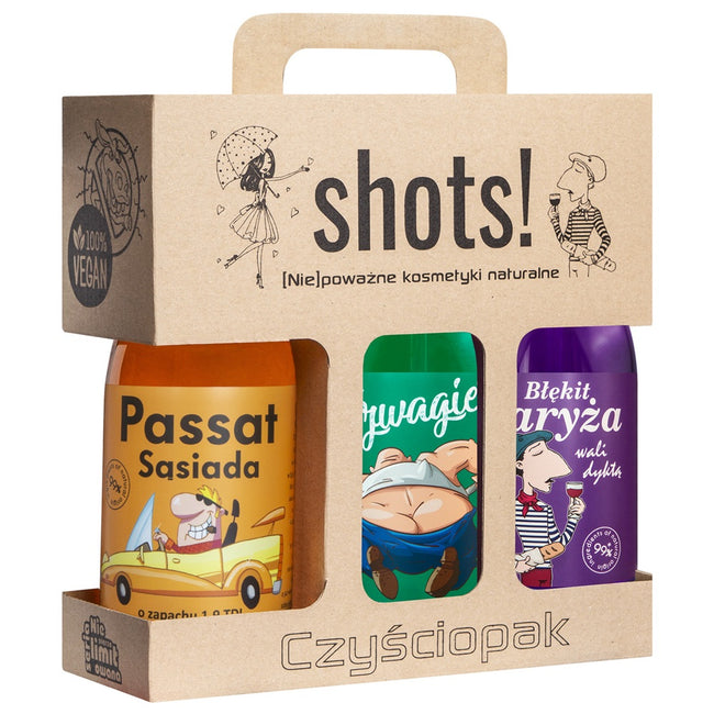 LaQ Czyściopak Shots! Męski zestaw Passat Sąsiada żel pod prysznic 500ml + Szwagier żel pod prysznic 500ml + Błękit Paryża żel pod prysznic 500ml