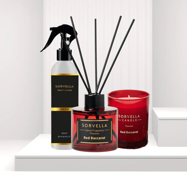 Sorvella Perfume Red Baccarat zestaw dyfuzor zapachowy 120ml + zapach do wnętrz 200ml + świeca zapachowa 170g