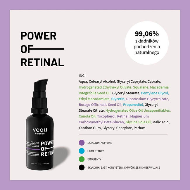 Veoli Botanica Power Of Retinal aktywny krem przeciwzmarszczkowy na noc z retinalem 0.075% i kompleksem składników łagodzących 40ml
