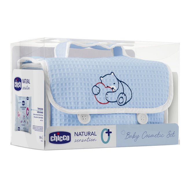 Chicco Natural Sensation Blue zestaw płyn do mycia ciała i włosów 200ml + balsam do ciała 150ml + krem do pieluszki 4w1 100ml + chusteczki oczyszczające 16szt