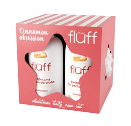 Fluff Cinnamon Obssesion zestaw żel do prysznic 200ml + balsam do ciała 200ml + myjka do ciała