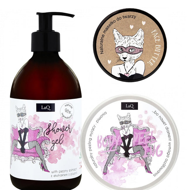 LaQ Kocica Piwonia zestaw żel pod prysznic 500ml + masełko do twarzy 50ml + peeling do ciała 200ml