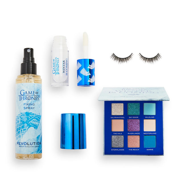 Makeup Revolution X Game Of Thrones Winter Is Coming Set zestaw Eyeshadow Palette paleta cieni do powiek + Fixing Spray utrwalacz makijażu + Shimmer Bomb błyszczyk do ust + Flutter False Eyelashes sztuczne rzęsy