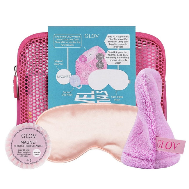 Glov Travel Essentials podróżny zestaw rękawica + satynowa maska do spania + magnetyczny sztyft do czyszczenia + haczyk na kubek próżniowy + kosmetyczka