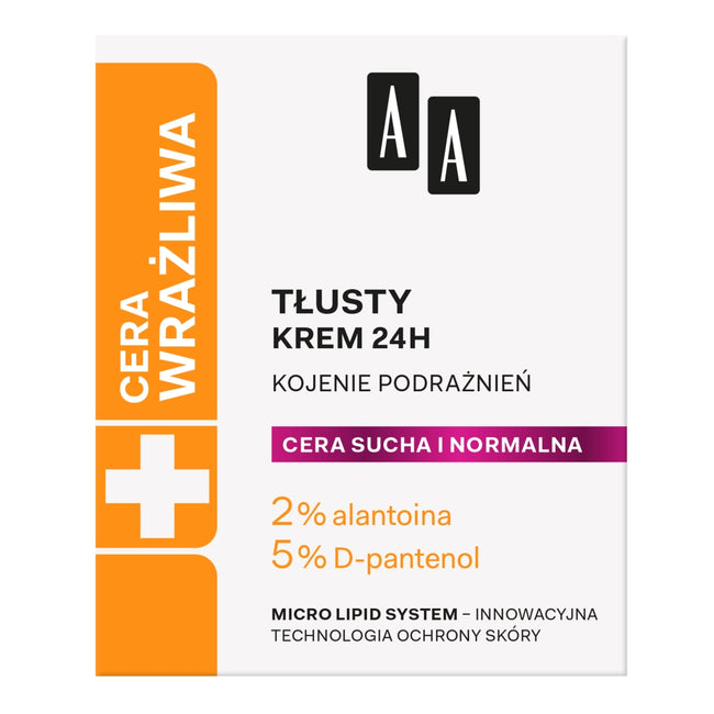 AA Cera Wrażliwa krem tłusty do cery suchej i normalnej 24h - bezzapachowy 50ml