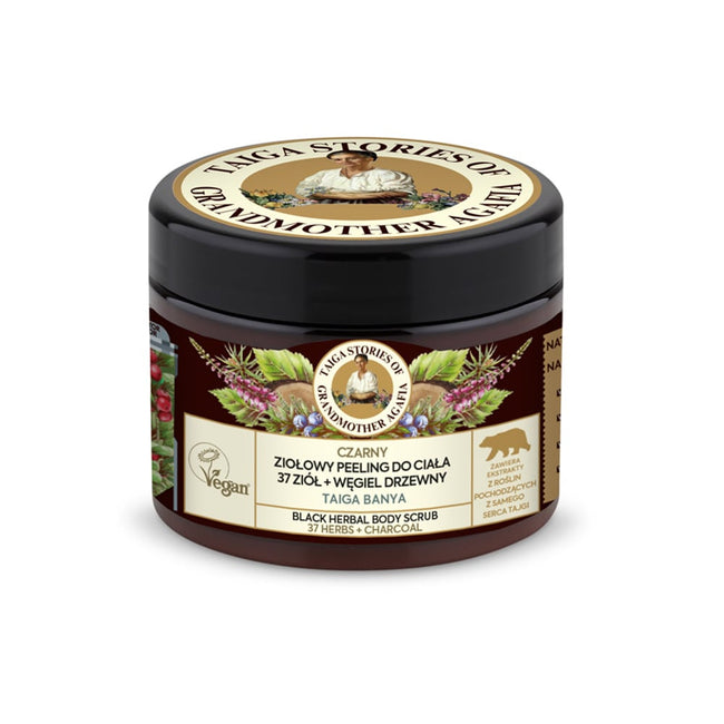 Bania Agafii Tajga Stories naturalny czarny oczyszczający peeling
do ciała na bazie 37 ziół i węgla drzewnego 300ml